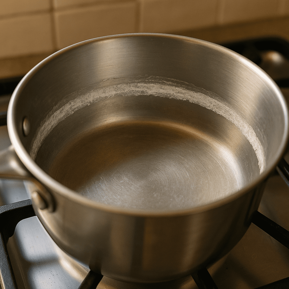 Close-up of a stainless steel saucepan showing a white mineral ring from hard water deposits after boiling, illustrating calcium and magnesium buildup inside the pot.