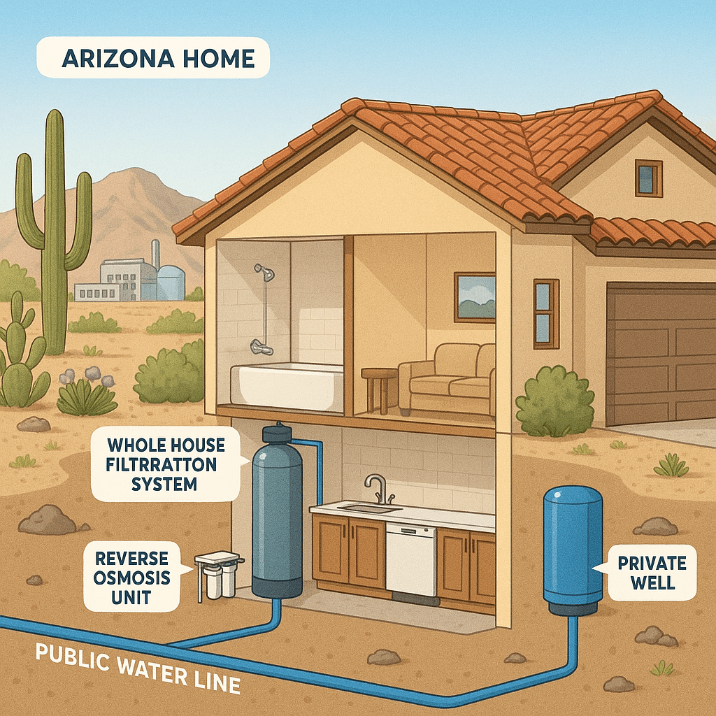 Cross-section diagram showing a home’s public water and well water treatment systems with labeled filters and tanks, illustrating how water is cleaned before reaching the faucet.