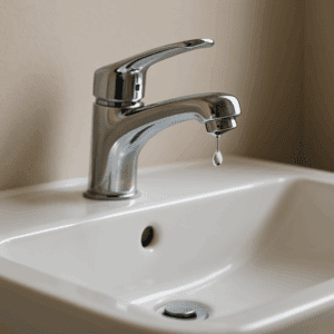 Close-up of a bathroom faucet dripping water into a white sink.