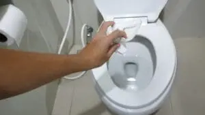 person flushing wet wipes down the toilet