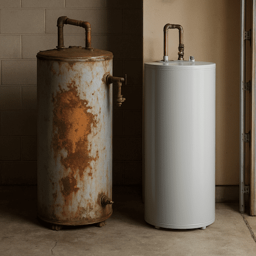 Comparison of an old corroded water heater and a new replacement unit in a garage.