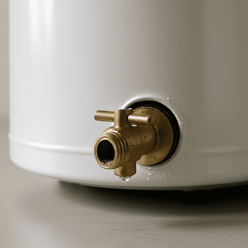 Brass drain valve at the base of a home water heater.
