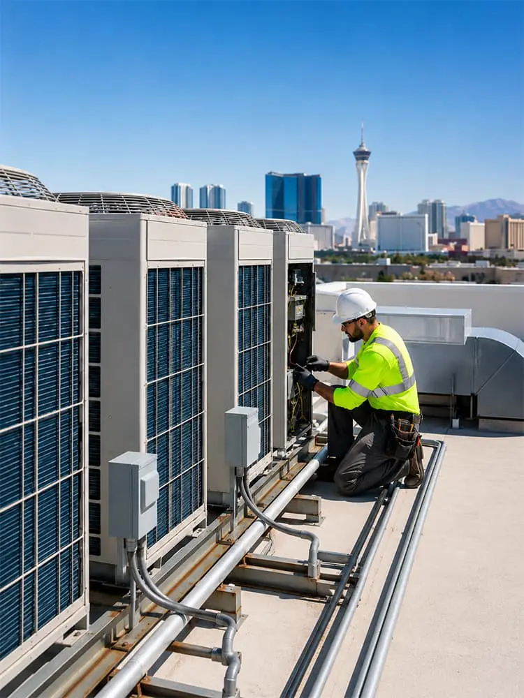 Commercial HVAC technician installing rooftop air conditioning units in Henderson, NV.