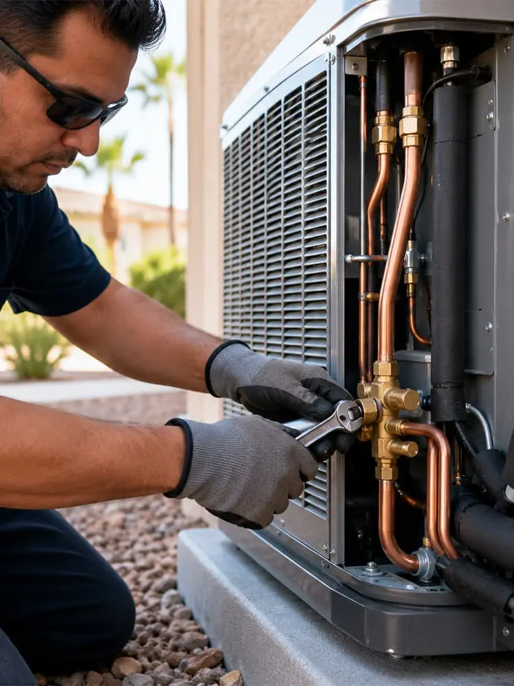 HVAC technician installing a commercial air conditioning unit in Laughlin NV, tightening copper line connections for a high-heat cooling system.