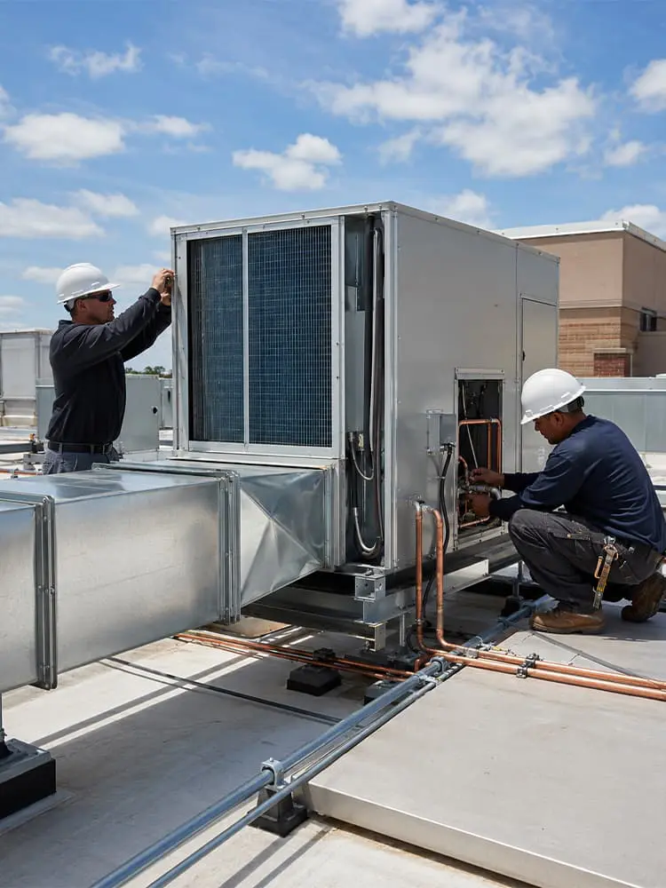 Commercial AC contractors installing a rooftop air conditioning system in Peach Springs AZ, working on ductwork, copper lines, and unit connections.