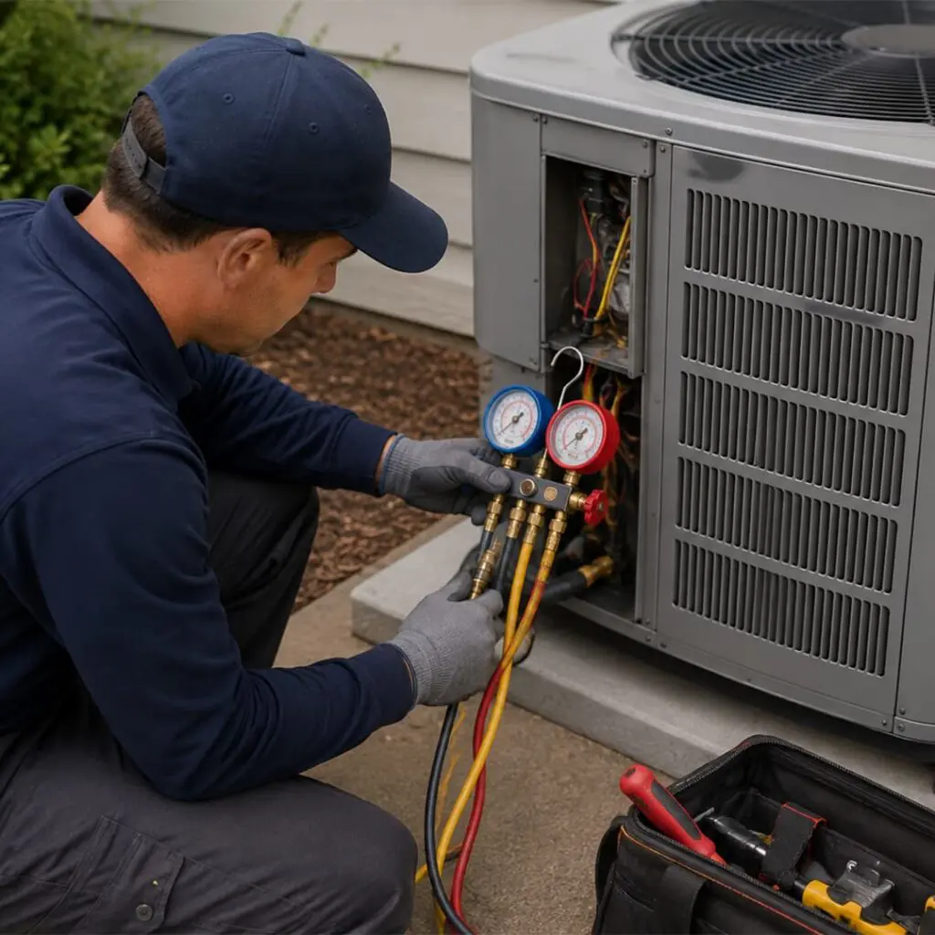 HVAC technician servicing an outdoor AC unit in Boulder City, NV