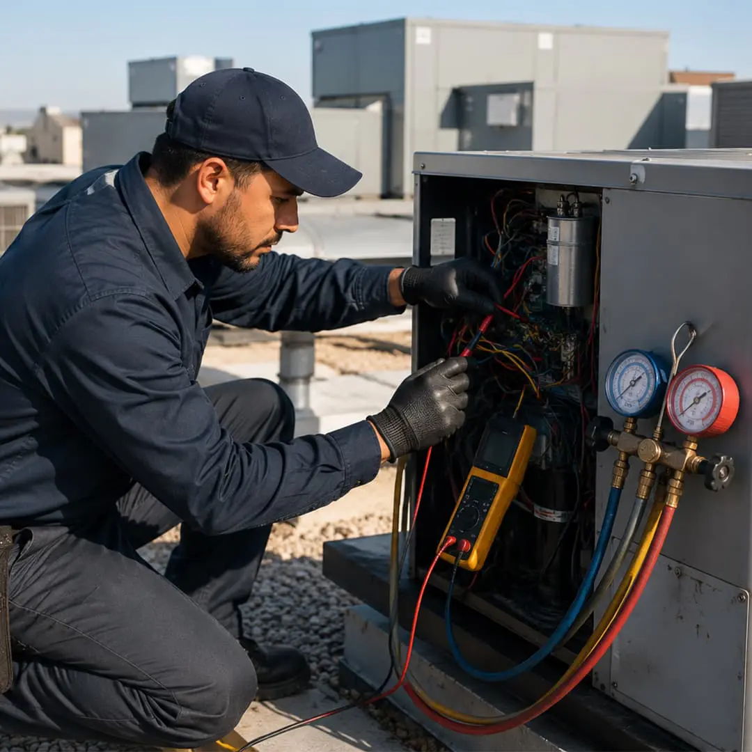 Commercial HVAC technician repairing a rooftop air conditioning unit in Boulder City, NV