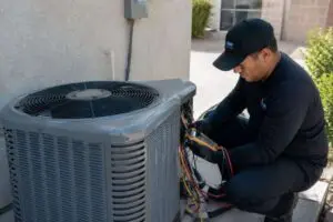 HVAC technician testing electrical components inside a residential outdoor AC condenser