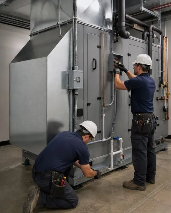 Technicians installing a commercial air conditioning system in Mohave Valley AZ, working on electrical connections and piping inside a mechanical room.