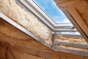 An attic with insulation and a skylight