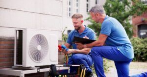 technicians looking at air conditioner