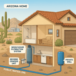 Cross-section diagram showing a home’s public water and well water treatment systems with labeled filters and tanks, illustrating how water is cleaned before reaching the faucet.