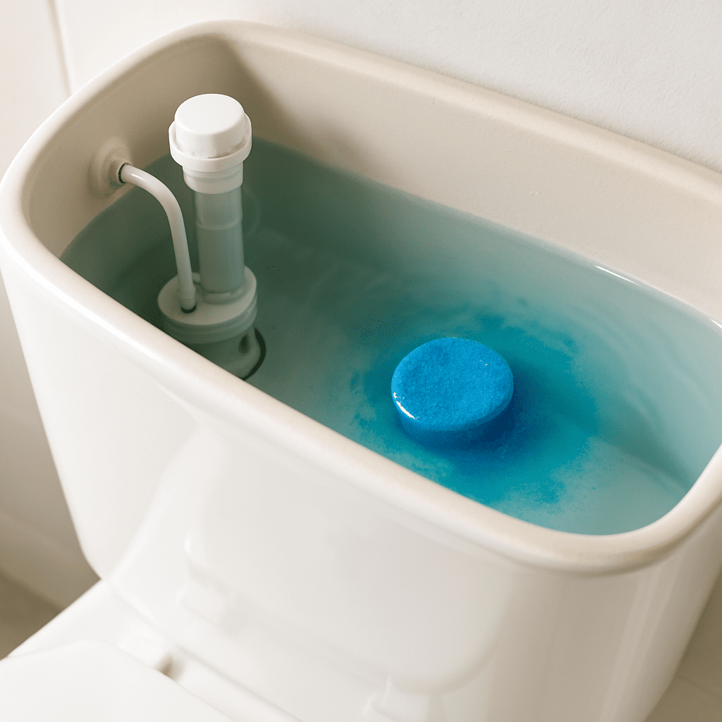 Blue chlorine cleaning tablet dissolving inside a toilet tank, releasing color into the water.