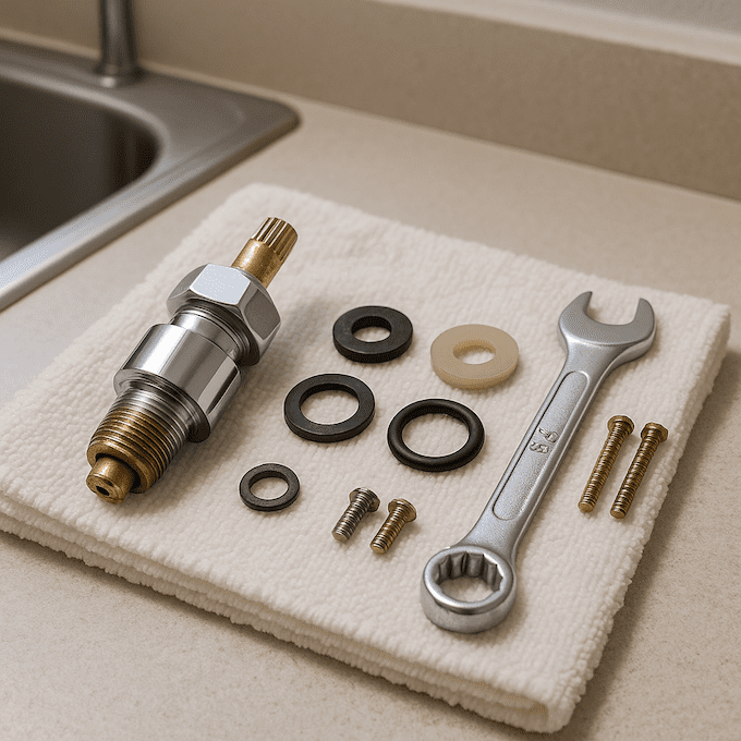 Faucet parts, washers, and tools laid on a towel during faucet repair.