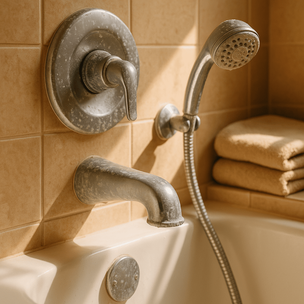 How Do Water Treatment Systems Work? - Ambient Edge Bathroom faucet and showerhead with visible white mineral buildup caused by Arizona’s hard water.