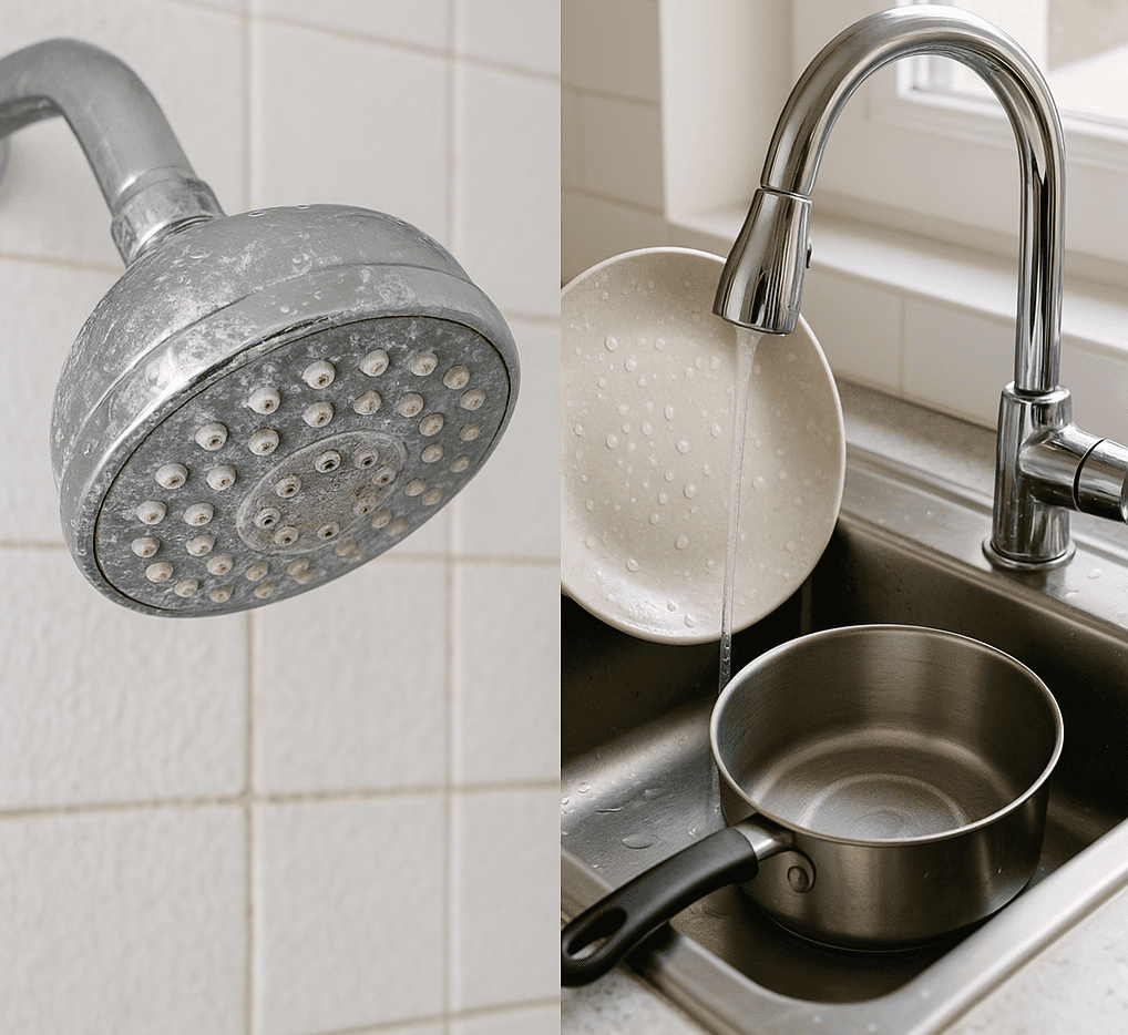 Hard Water Treatment Options - Ambient Edge Everyday signs of hard water at home, including mineral buildup on faucets and showerheads, soap scum in the shower, and water spots on dishes.