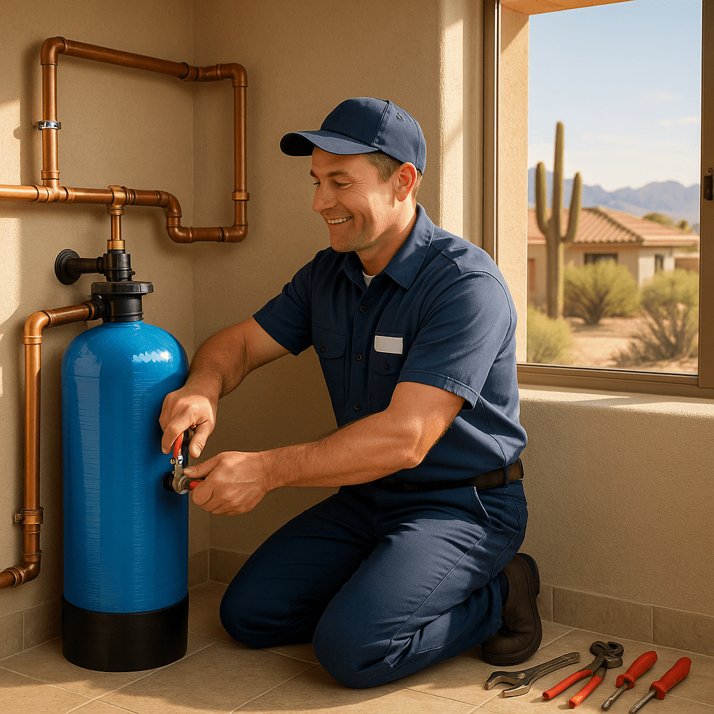 How Do Water Treatment Systems Work? - Ambient Edge Professional plumber installing a whole-house water filtration system in an Arizona home, connecting pipes to a blue filter tank.