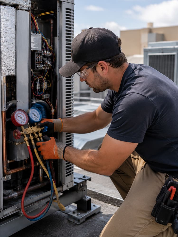 HVAC technician checking refrigerant gauges on a commercial rooftop air conditioning unit in Laughlin NV.