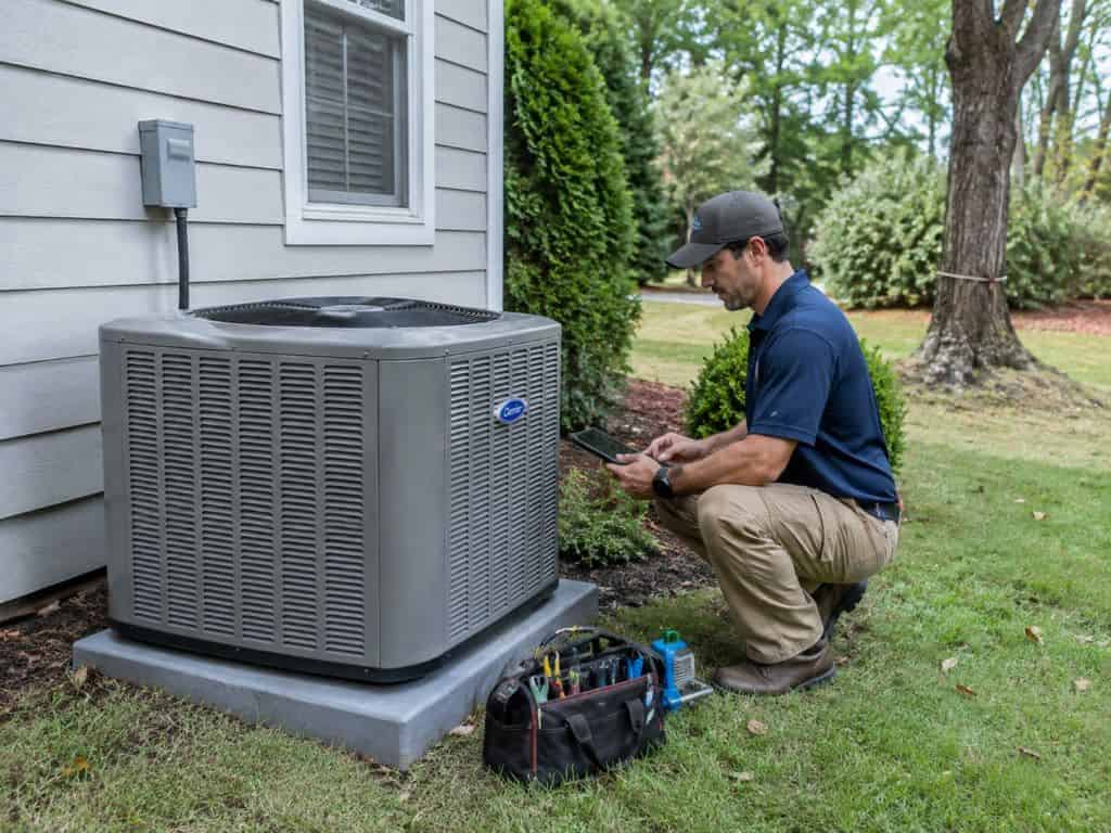HVAC technician reviewing a residential outdoor AC unit with diagnostic tools nearby