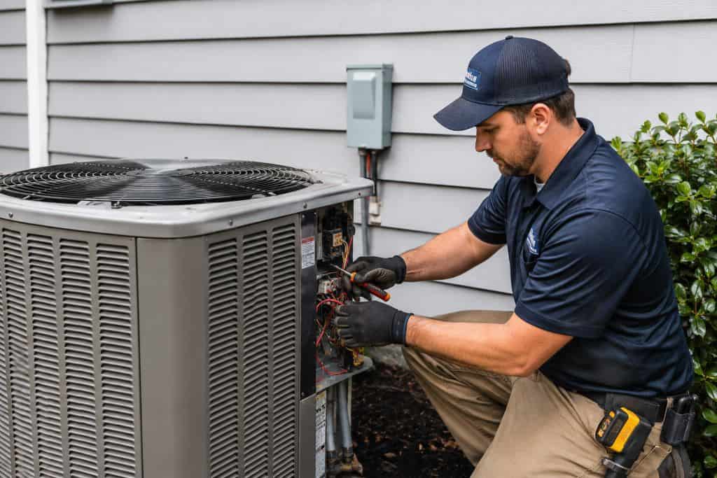 HVAC technician inspecting wiring inside a residential outdoor AC unit in Henderson, NV