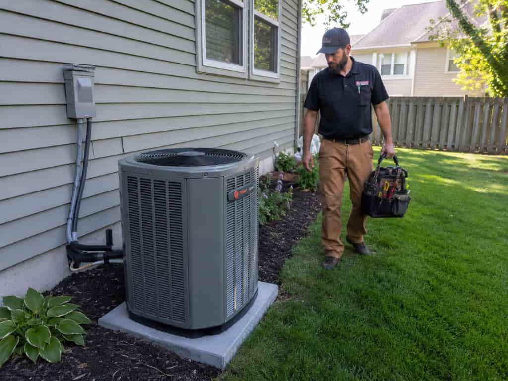 HVAC technician arriving for residential AC services beside an outdoor condenser in Henderson, NV