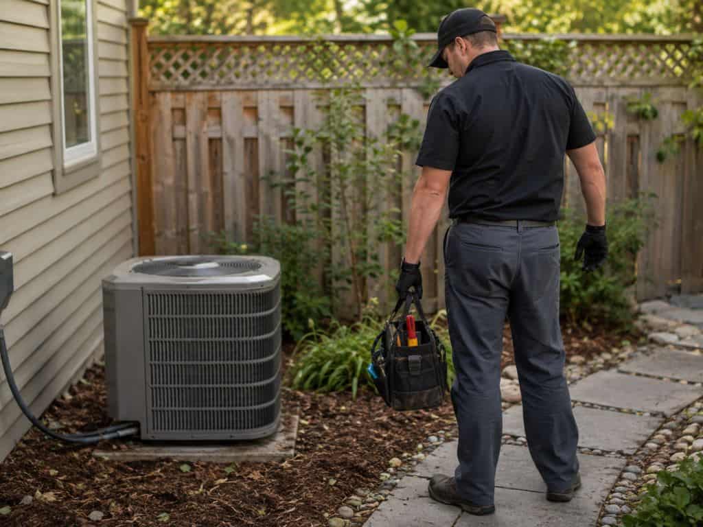 HVAC technician carrying a tool bag toward a residential outdoor air conditioning unit