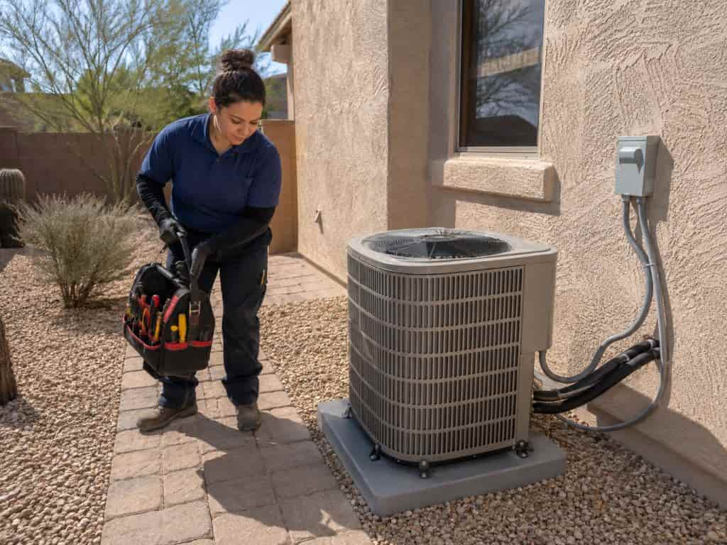 Technician with tools beside outdoor condenser for Emergency Air Conditioning Repair Services in Henderson NV